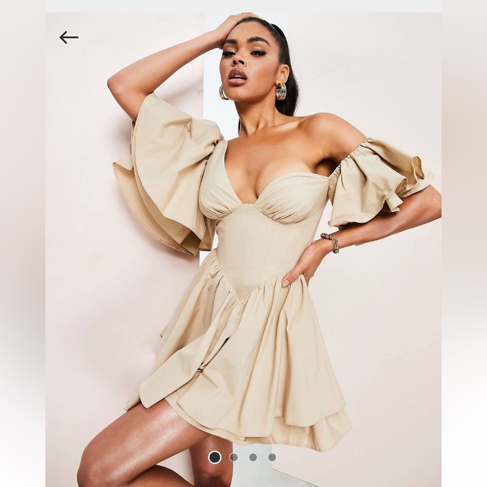 ASOS LUXE one shoulder cotton dress with corset detail ruffles in stone